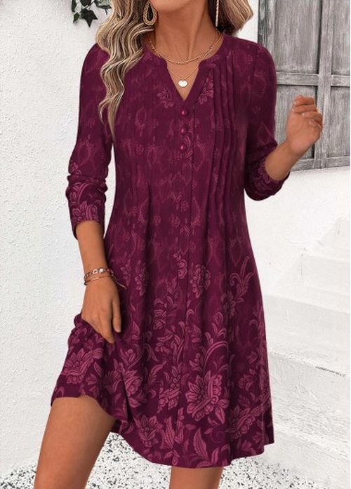Modlily Wine Red Random Floral Print Short Tuck Stitch Dre
