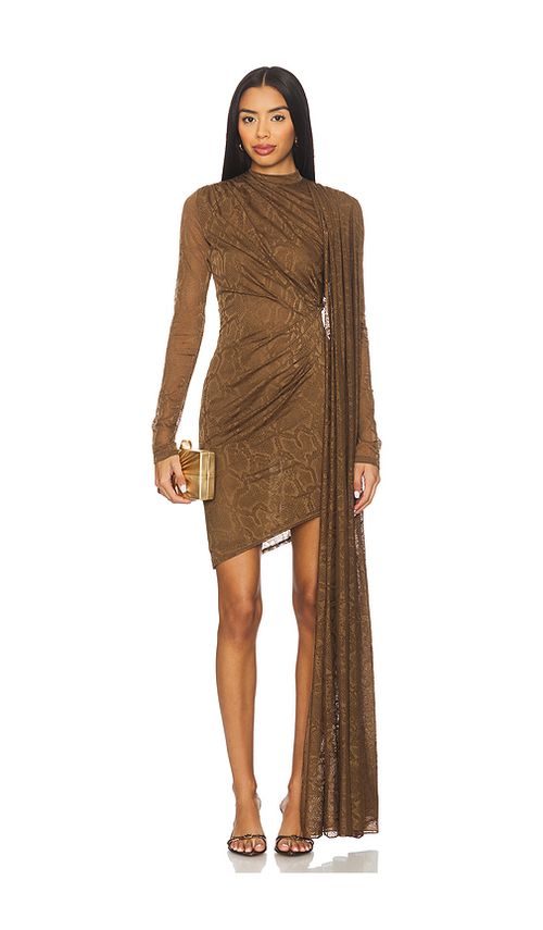 Lapointe Snake Lace High Neck Cape Dress in Brown. XS. Also in
