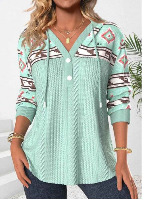 Modlily Green Patchwork Tribal Print Long Sleeve Hoodie