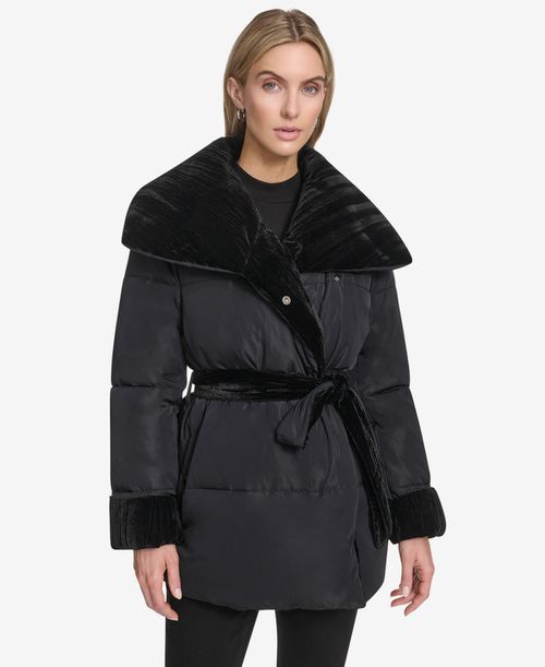 Women's Emerson Mixed Media Belted Wrap Coat - Black