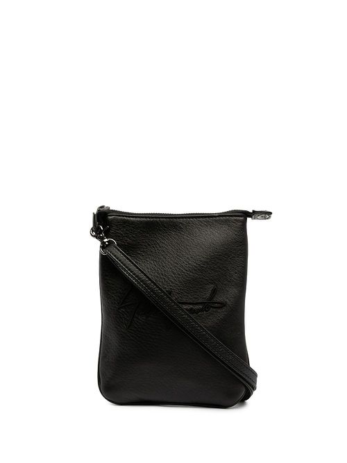 Logo-embroidered leather shoulder bag - Black