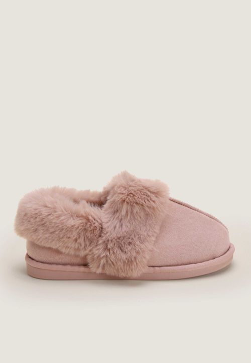Womens Pink Fluffy Closed Back Slippers