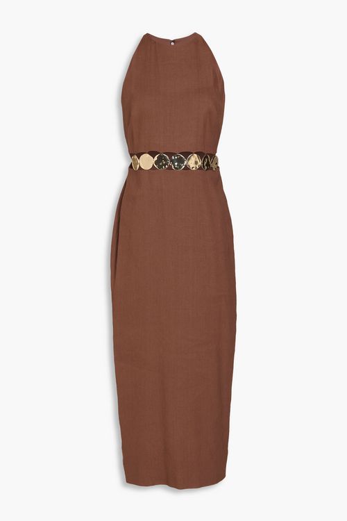 Isla embellished linen-blend twill midi dress - Brown - US 8
