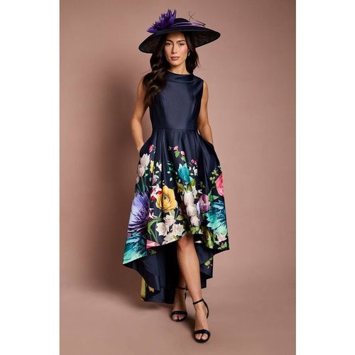 Coast Women's Lisa Tan Cowl Structured Satin Placement Print Midi Dress in Navy