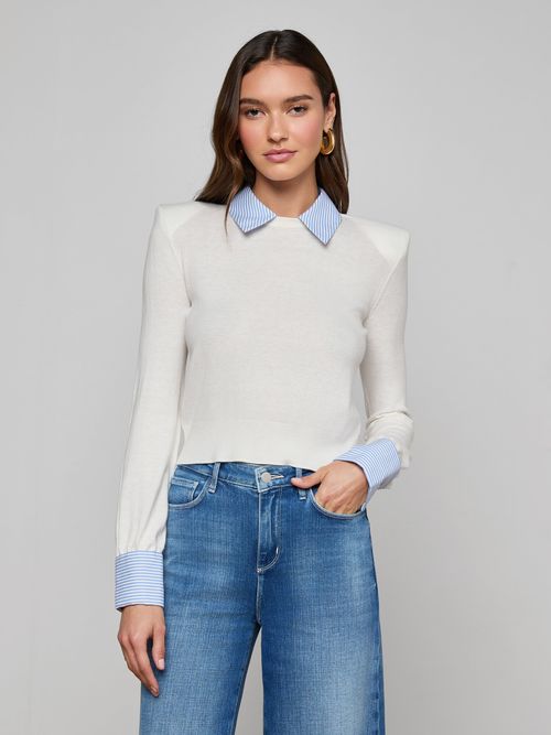 April Poplin Collar Pullover In White/blue Stripe