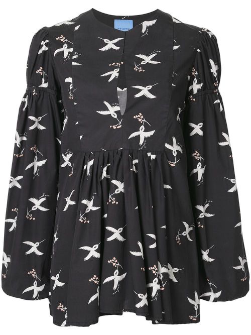 Bird print puff sleeve blouse - Black