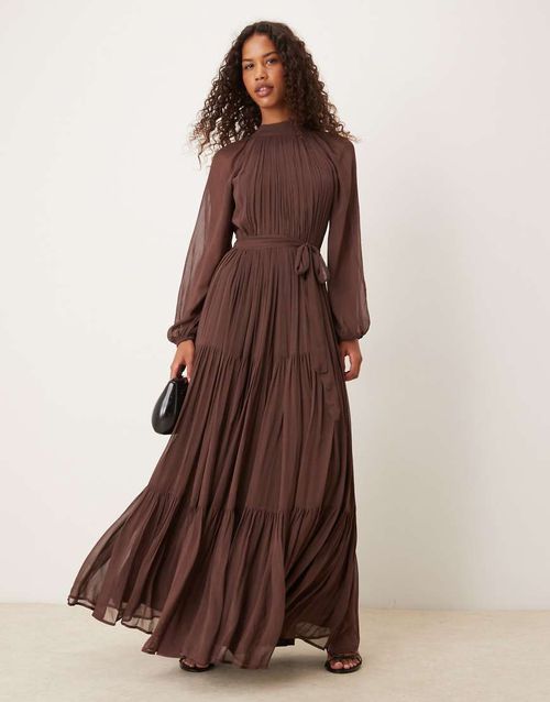 Chiffon balloon sleeve maxi dress in chocolate-Brown
