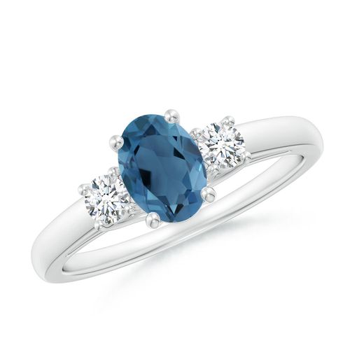 Angara 0.95 Carat Oval London Blue Topaz and Round Diamond Three Stone Ring in Platinum