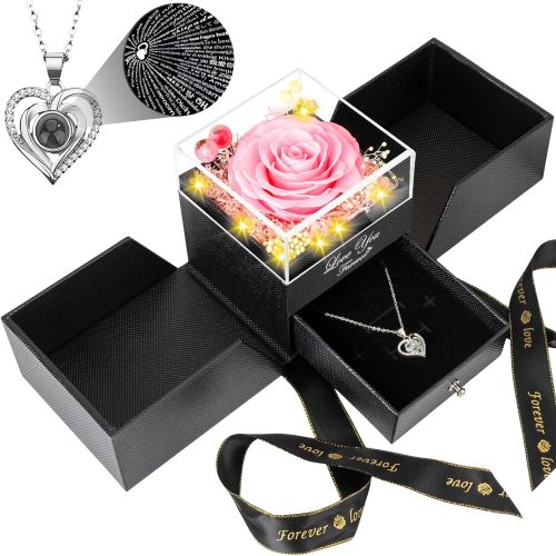 Preserved Pink Rose With Led Lights And Double Heart Necklace