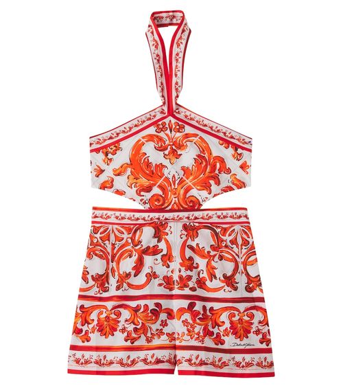 Printed halterneck cotton poplin playsuit