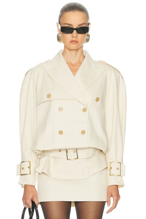 Rowen Rose Faux Leather Belted Jacket in Beige Gabardine - Beige. M also in