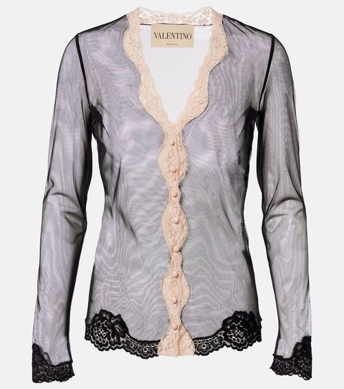 Lace-trimmed sheer mesh shirt
