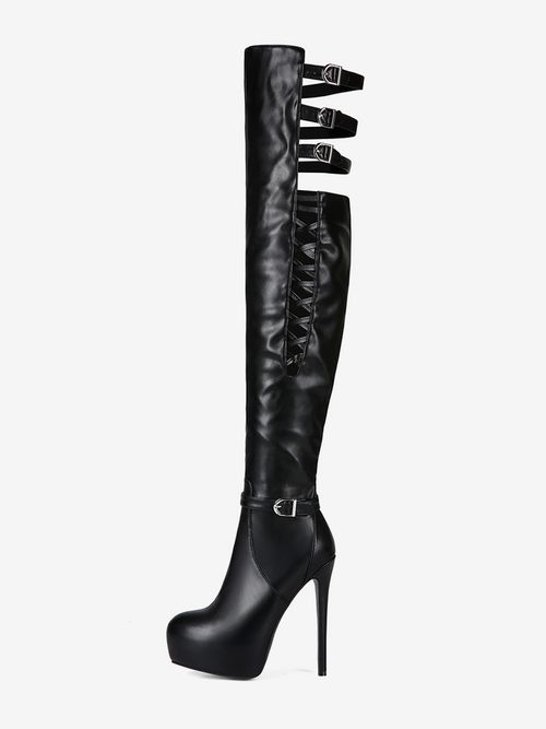 Black Over The Knee Boots Platform Buckle Detail High Heel Boot