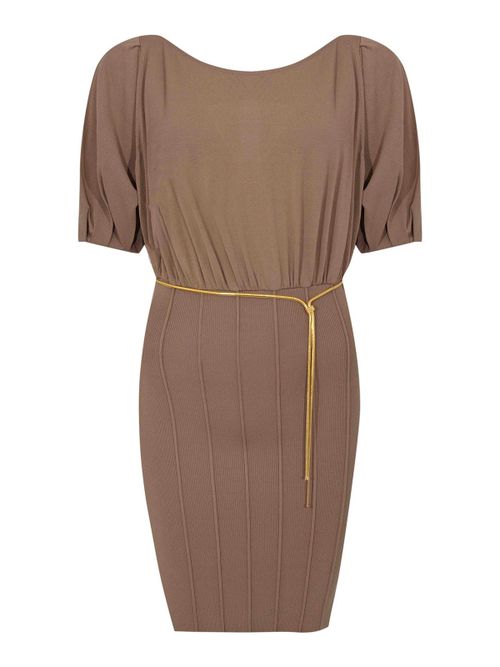 Viscose Knit Dress with Jeweled Belt, Clay