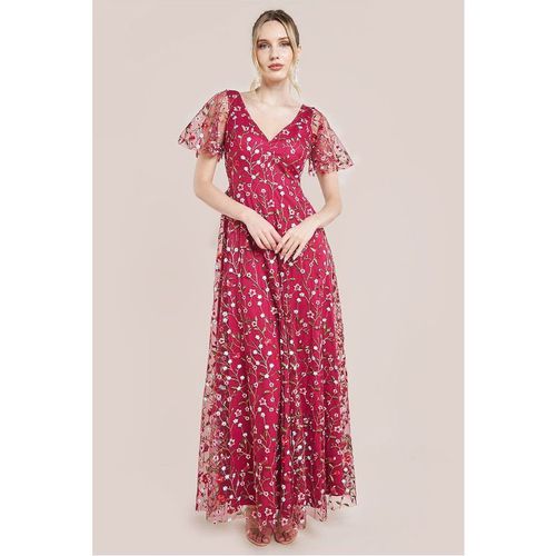 Goddiva Flutter Sleeve Floral Embroidered Maxi - Burgundy