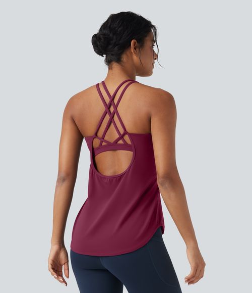 UltraSculpt™ Round Neck Crisscross Back Running Tank Tops DD-F Cups Tank Top - Red Plum