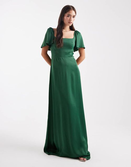 Bridesmaid square neck flutter sleeve maxi dress in emerald-Green