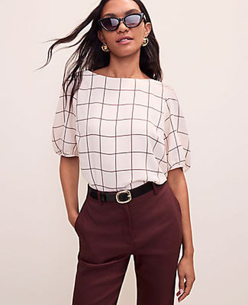 Ann Taylor Petite Windowpane Boatneck Popover Top