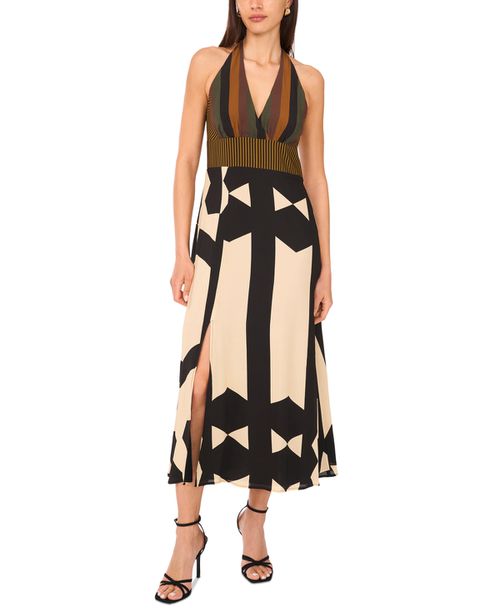 Women's Mixed-Print V-Neck Maxi Halter Dress - Rich Black