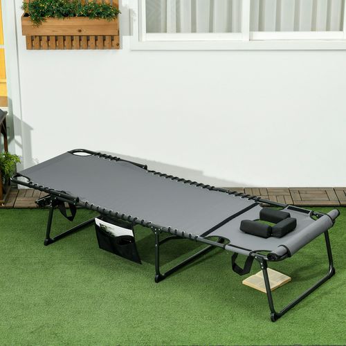 Outsunny Folding Sun Lounge w/ Reclining Back, Sun Lounge w/ Reading Hole, Beige - Grey - Steel, Mesh Fabric