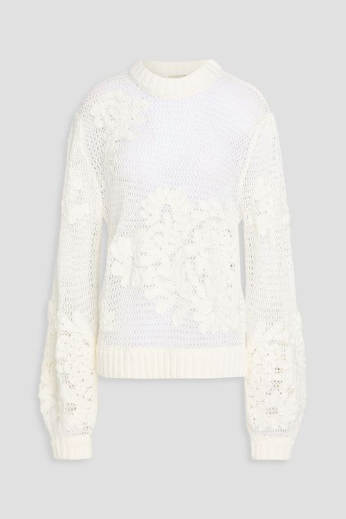 Embroidered open-knit cotton-blend sweater - White - L
