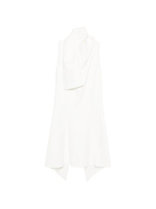 Flowing Crepe Satin Mini Dress with Draped Scarf High Neck