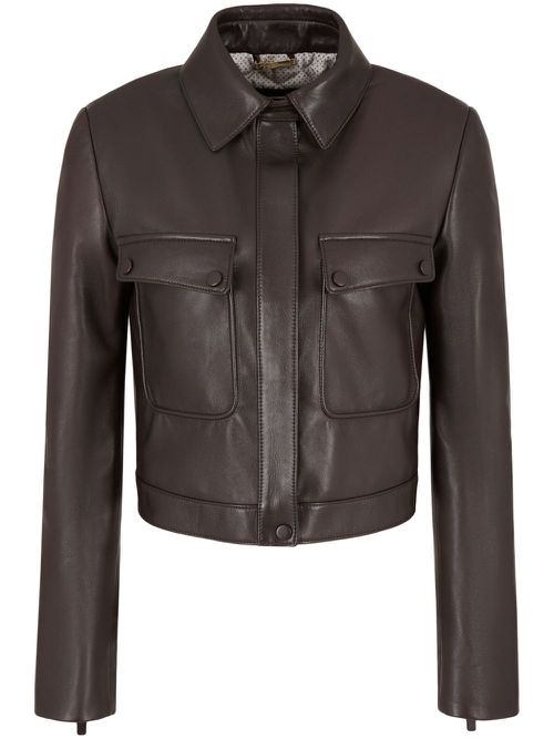 Spread-collar zip-up leather jacket - Brown
