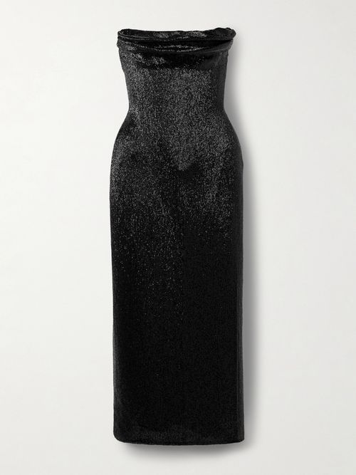 Ivy Draped Strapless Beaded Tulle Midi Dress - Black