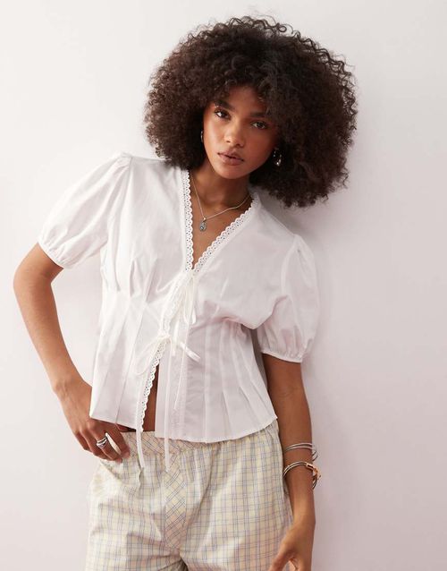 Tie front puff sleeve top with cinched waist-White