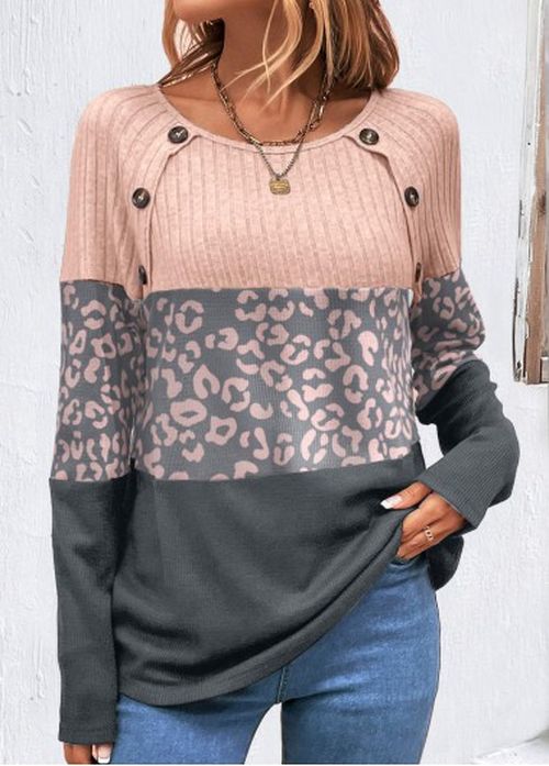 Modlily Decorative Button Light Pink Leopard Long Sleeve T Shirt