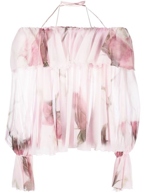 Ruffled-trim floral-print blouse - Pink