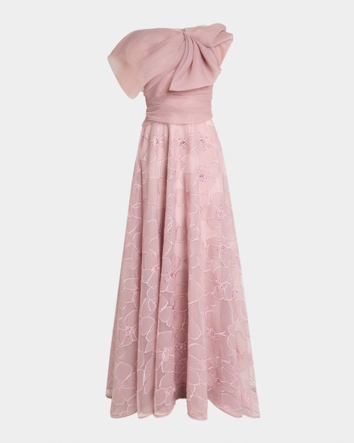 Bloom Embroidered Organza Bow A-Line Gown