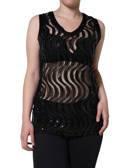 Sequined Lace Tank Top — Black