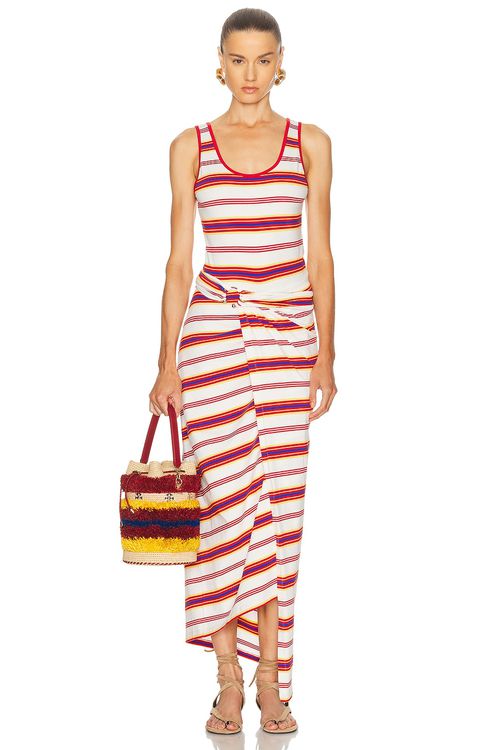 RABANNE Sleeveless Wrap Long Dress in Stripes Cream & Orange - White,Red.  42 also in