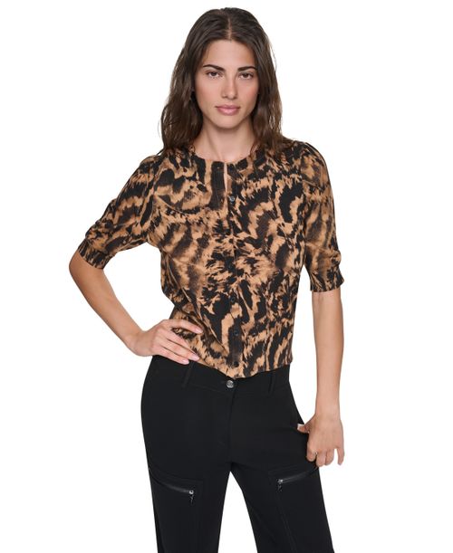 Women's Crewneck Button Placket Cardigan Sweater - Abstract Feather