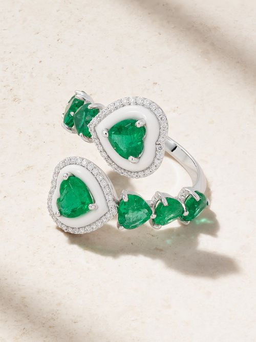 Sea 18-karat White Gold, Emerald, Diamond And Enamel Ring - 6
