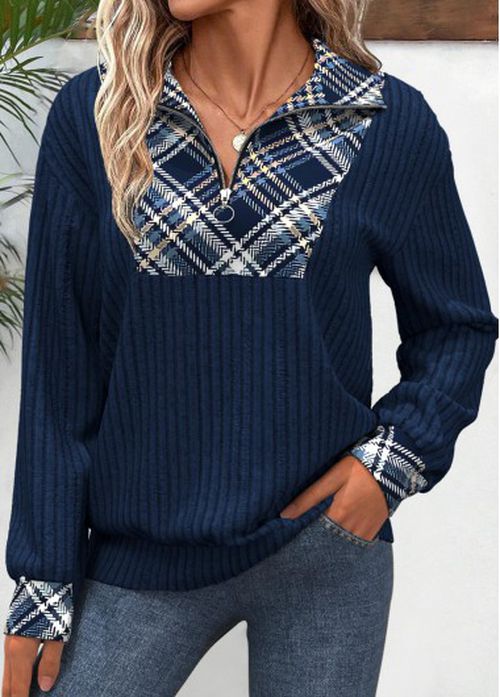 Modlily Peacock Blue Patchwork Plaid Long Sleeve Sweatshirt