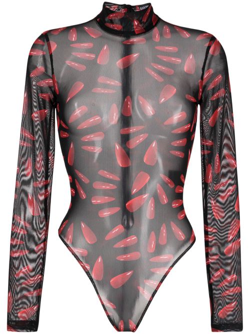 Graphic-print sheer bodysuit - Black