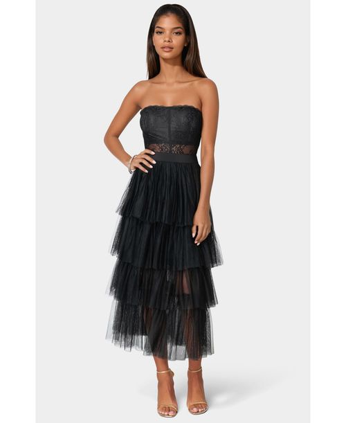 Women's Tulle Corset Midi Dress - Black