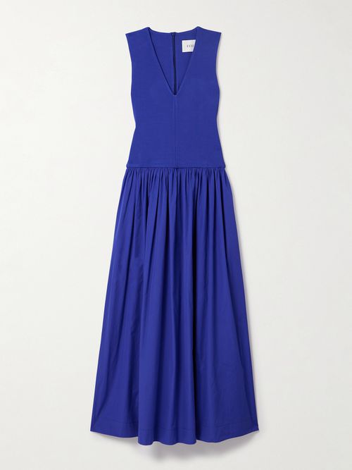 Stretch-knit And Gathered Organic Cotton-poplin Maxi Dress - Blue