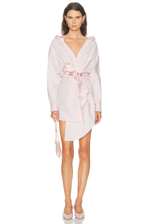 AREA Satin Knot Oxford Shirt Dress in Light Pink - Pink. L also in M
