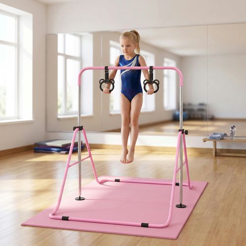HOMCOM Adjustable Height Foldable Kids Gymnastics Bar, Pink