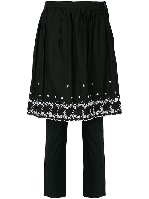 Embroidered skirt over trousers - Black