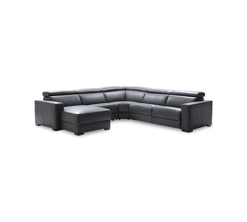 "Nevio 124"" 5-pc Leather Sectional Sofa with Chaise, 1 Power Recliner and Articulating Headrests, Created for Smoke Grey"