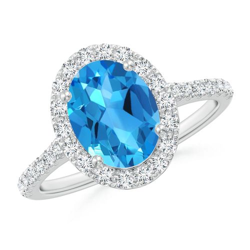 Angara 2.25 Carats Prong-Set Oval Swiss Blue Topaz Halo Ring with Diamonds in Platinum