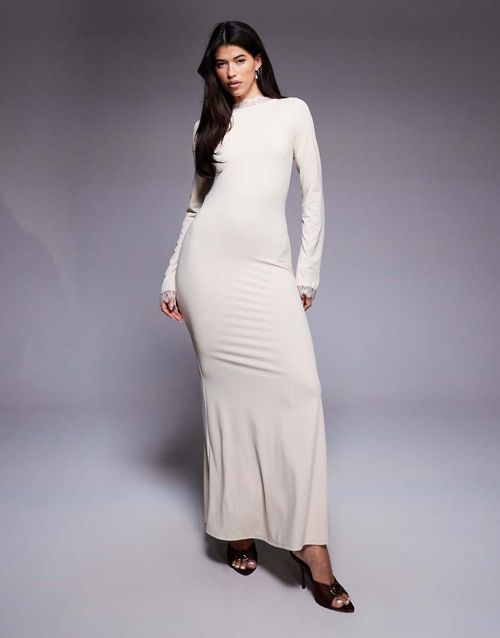 Maxi dress with lace detail in cream-White