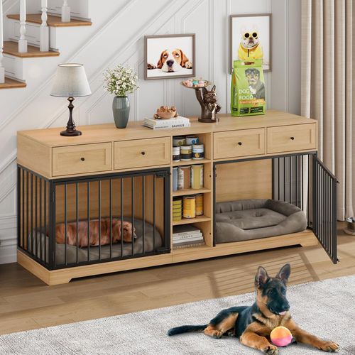 Garvee 82” Large Dog Crate for 2 Dogs, Dog Kennel Indoor with 4 Drawers and Shelves, Double Dog Crate Furniture TV Stand, Wooden Dog Cage for Medium Large Dogs, Natura