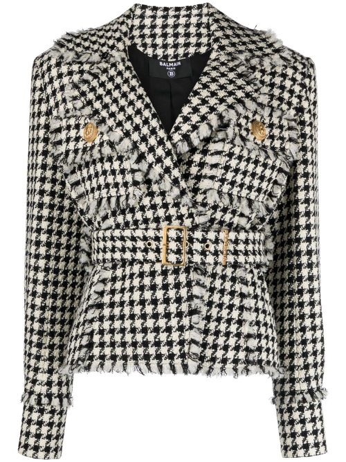 Houndstooth tweed belted jacket - Neutrals
