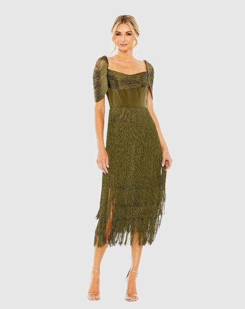 Short Sleeve Fringee Detailed Midi Dress In Olive
