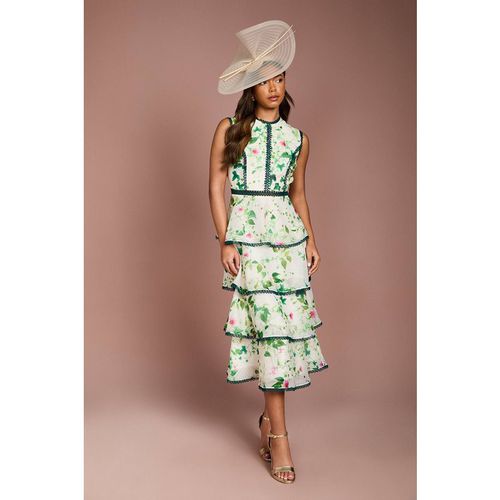 Coast Lace Trim Tiered Printed Organza Midi Dress In Ivory